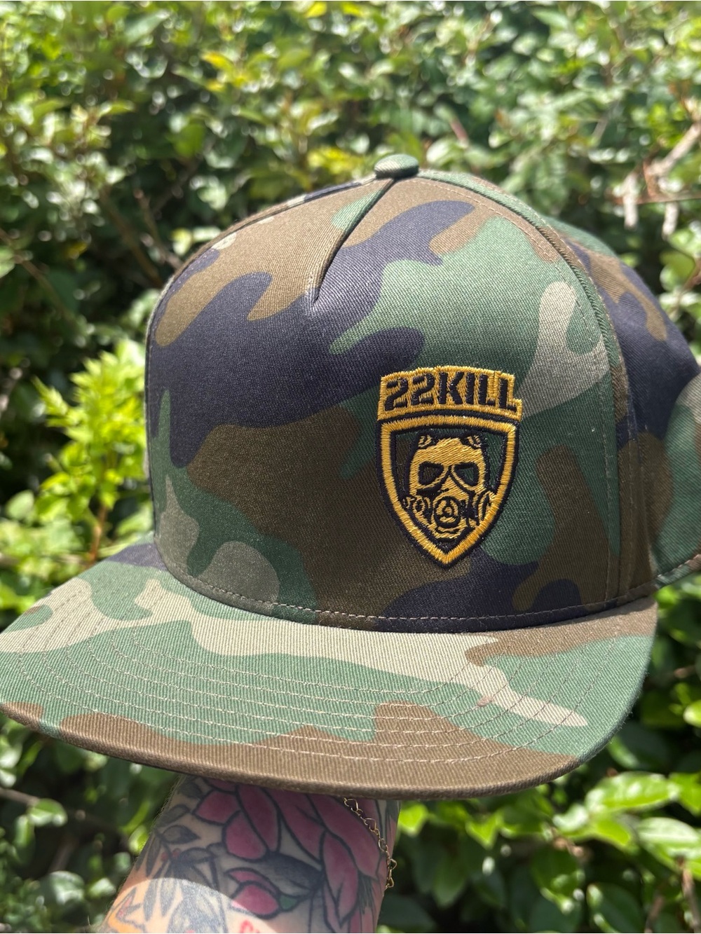 22KILL Veteran Awareness Camo SnapBack Hat Gas Mask Shield Patch Flat Brim Logo